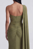 Olive Mermaid One Shoulder Long Formal Dress with Side Streamer