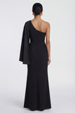 Black Mermaid One Shoulder Formal Dress with Side Cape