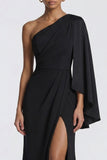 Black Mermaid One Shoulder Formal Dress with Side Cape