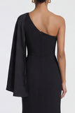 Black Mermaid One Shoulder Formal Dress with Side Cape