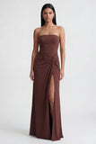 Strapless Brown Ruched Sheath Long Formal Dress