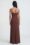 Strapless Brown Ruched Sheath Long Formal Dress