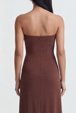 Strapless Brown Ruched Sheath Long Formal Dress