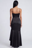 Black Mermaid Spaghetti Straps Satin Ruffled Formal Dress