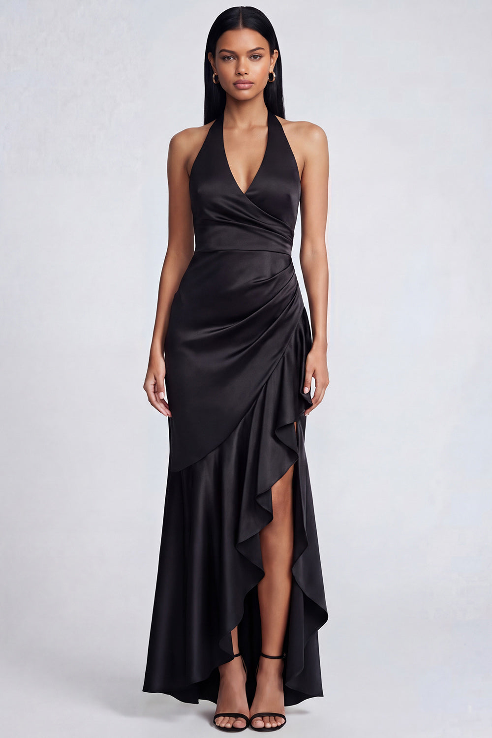 ZAPAKA Women Black Formal Dress with Slit Mermaid Halter V Neck Satin