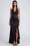 Halter Black Mermaid Satin Ruffled Long Formal Dress