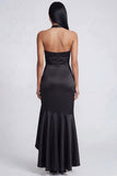 Halter Black Mermaid Satin Ruffled Long Formal Dress