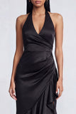 Halter Black Mermaid Satin Ruffled Long Formal Dress