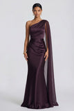 One Shoulder Cabernet Mermaid Blackless Formal Dress with Side Streamer