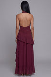 Halter Burgundy Cut Out Ruffled Formal Dress with Slit