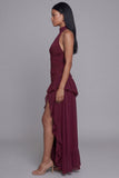 Halter Burgundy Cut Out Ruffled Formal Dress with Slit