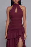 Halter Burgundy Cut Out Ruffled Formal Dress with Slit