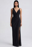 Black V Neck Sheath Formal Dress with Slit