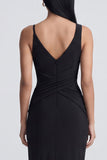 Black V Neck Sheath Formal Dress with Slit