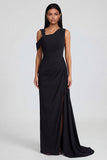 Black Sheath Asymmetrical Neck Formal Dress with Streamer