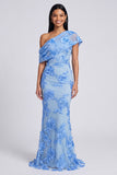 Yellow Mermaid Asymmetrical Neck Formal Dress with Floral Embroidery