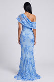 Yellow Mermaid Asymmetrical Neck Formal Dress with Floral Embroidery