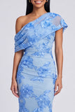 Yellow Mermaid Asymmetrical Neck Formal Dress with Floral Embroidery