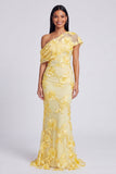 Yellow Mermaid Asymmetrical Neck Formal Dress with Floral Embroidery
