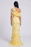 Yellow Mermaid Asymmetrical Neck Formal Dress with Floral Embroidery