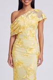 Yellow Mermaid Asymmetrical Neck Formal Dress with Floral Embroidery