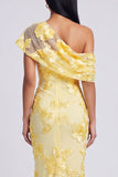 Yellow Mermaid Asymmetrical Neck Formal Dress with Floral Embroidery