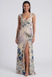 Ivory Sheath Ruched Long Floral Dress with Slit