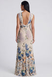Ivory Sheath Ruched Long Floral Dress with Slit