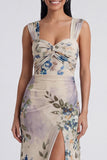 Ivory Sheath Ruched Long Floral Dress with Slit