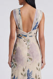 Ivory Sheath Ruched Long Floral Dress with Slit