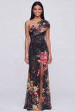 One Shoulder Champagne Long Floral Dress with Slit