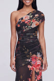 One Shoulder Champagne Long Floral Dress with Slit