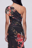 One Shoulder Champagne Long Floral Dress with Slit