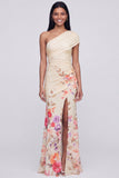 One Shoulder Champagne Long Floral Dress with Slit