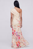 One Shoulder Champagne Long Floral Dress with Slit