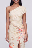 One Shoulder Champagne Long Floral Dress with Slit