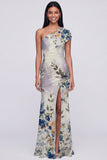 One Shoulder Champagne Long Floral Dress with Slit