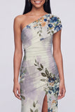 One Shoulder Champagne Long Floral Dress with Slit