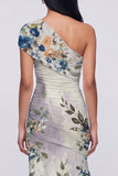 One Shoulder Champagne Long Floral Dress with Slit