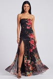 Ivory Strapless Ruched Floral Dress with Slit