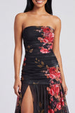 Ivory Strapless Ruched Floral Dress with Slit