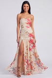 Ivory Strapless Ruched Floral Dress with Slit