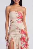 Ivory Strapless Ruched Floral Dress with Slit