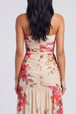 Ivory Strapless Ruched Floral Dress with Slit