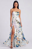 Ivory Strapless Ruched Floral Dress with Slit
