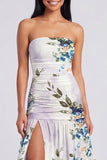 Ivory Strapless Ruched Floral Dress with Slit