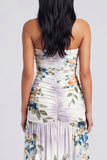 Ivory Strapless Ruched Floral Dress with Slit