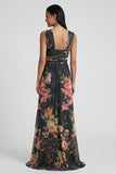 Black Floral Mermaid Square Neck Formal Dress