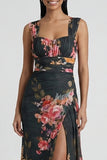 Black Floral Mermaid Square Neck Formal Dress