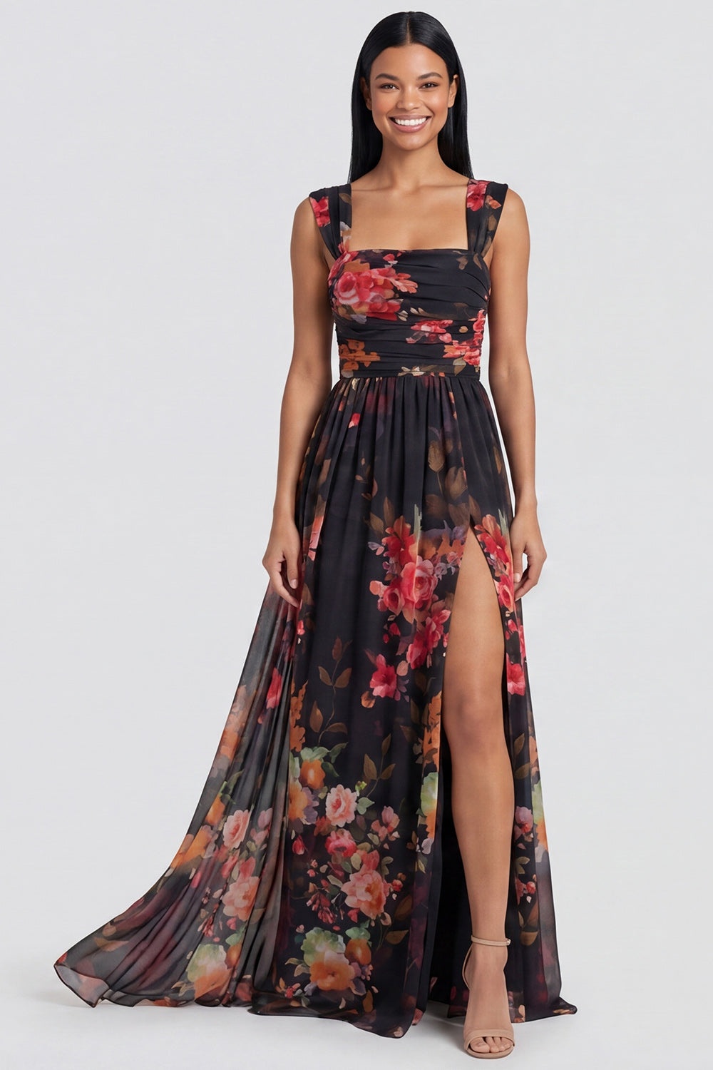 women's a line dresses Zapaka Women Black Floral A Line Formal Dress Square Neck Long Evening Dress with Slit, Black / US12